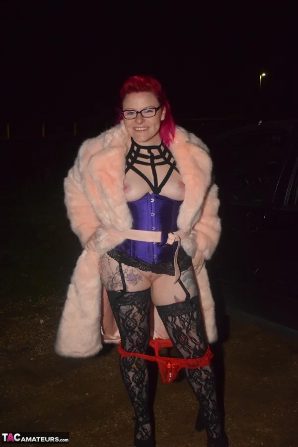 British redhead Mollie Foxxx models in glasses during a solo performance  - Stockings, Amateur, MILF, Glasses, Redhead, Lingerie, Outdoor, High Heels, Tattoo, Ass  - Photo 8
