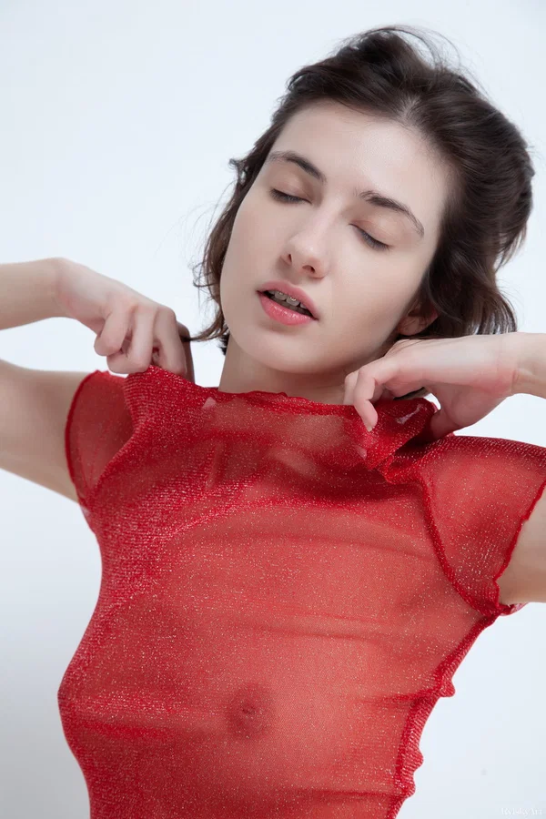 Solo girl with short hair exposes her tight ass and bald cunt in a red blouse  - Solo, Beautiful, Shaved, Teen, Tiny Tits, Skinny, Glamour, Cute, Model, Armpit  - Photo 1