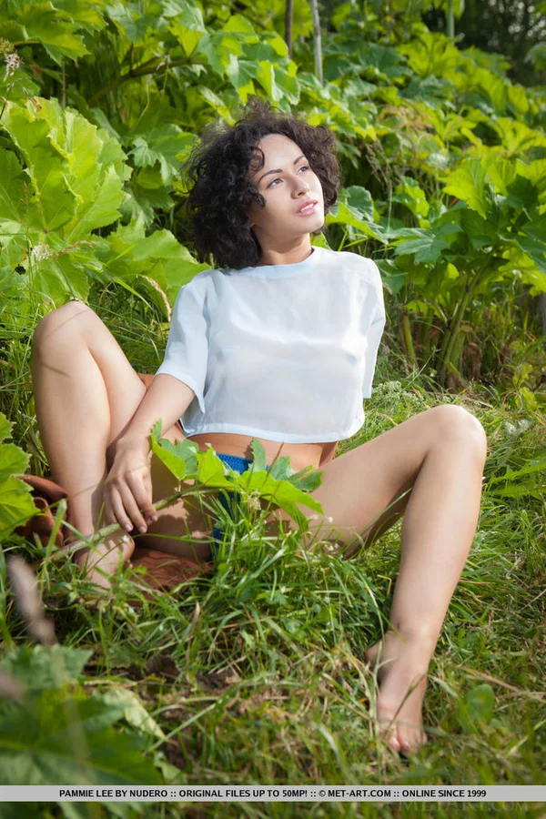 Solo girl with curly hair Pammie Lee bare her hot body amid greenery  - Outdoor, Babe, Brunette, Big Tits, European, Glamour, Hairy, Spreading, Panties, Solo  - Photo 2