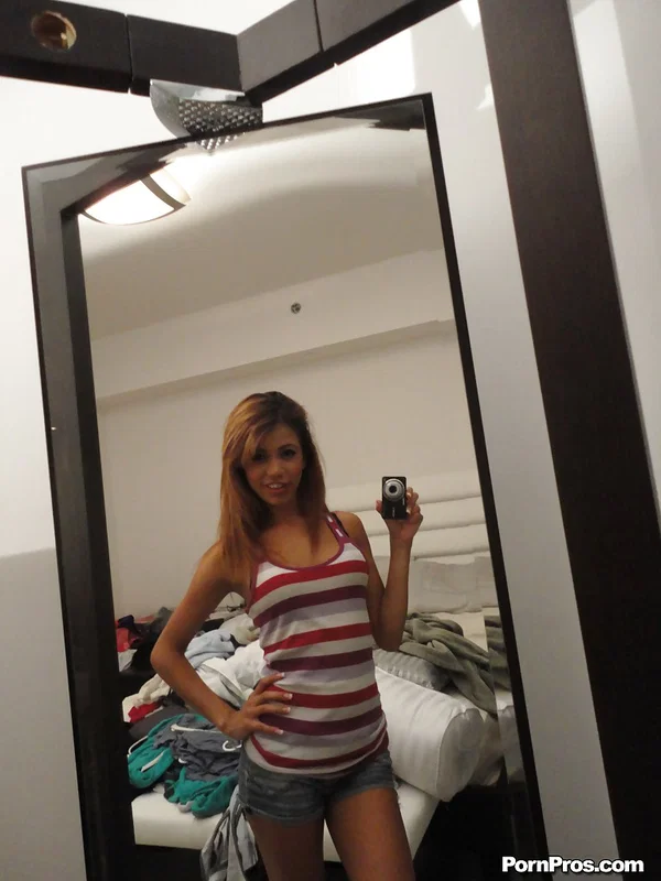 Latina ex-girlfriend Veronica Rodriguez snapping off selfies while undressing  - Selfie, Girlfriend, Pornstar, Clothed, Shorts, Babe, Latina, Panties, Tiny Tits, Natural Tits  - Photo 4