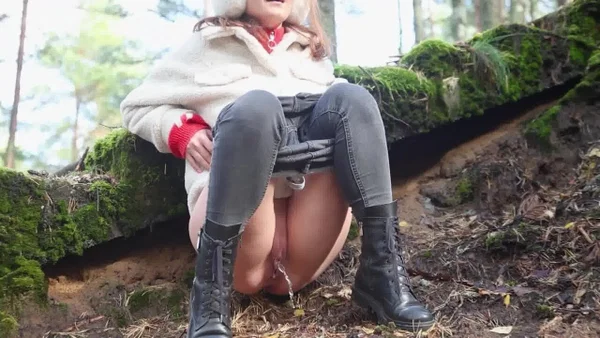 Princess Lili takes a piss near steps while out in the woods  - Pissing, Russian, Jeans, Shaved, Outdoor, Pussy, Close Up, Panties, Tattoo, European  - Photo 11