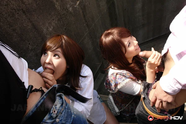 Japanese girls give a couple of boys blowjobs while in a stairwell  - Japanese, Asian, Blowjob, Reality, Shorts, Non Nude, Brunette  - Photo 14