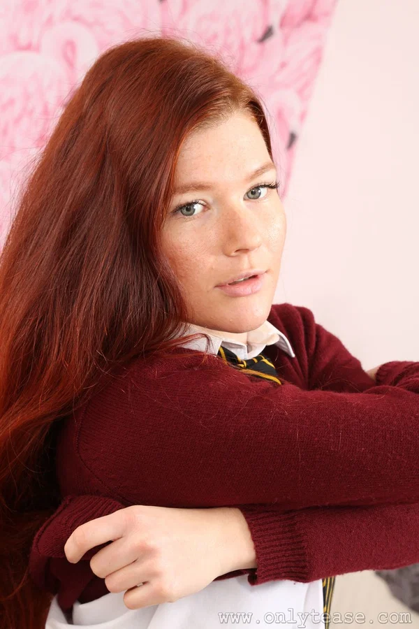 Redhead teen Mia S doffs her school uniform and poses topless in her dorm room  - Pantyhose, Redhead, Clothed, Non Nude, Beautiful, Undressing, Uniform, PAWG, Legs, Skirt  - Photo 5