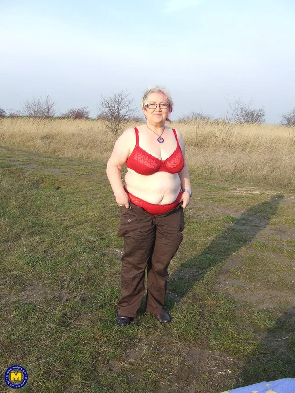 Wild granny with huge saggy tits Silke poses in lingerie & masturbates outside  - Granny, BBW, Chubby, Saggy Tits, Amateur, Curvy, Short Hair, Glasses, Thick, Outdoor  - Photo 1