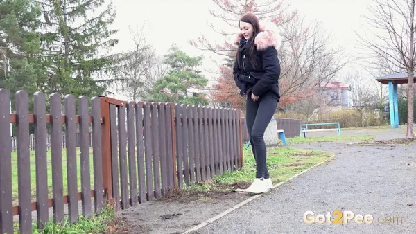 Caucasian girl Katy Sky ducks behind a picket fence for a badly needed pee  - Public, Jeans, Pissing, Hairy, Outdoor, Pussy, Czech, PAWG, Ass, Babe  - Photo 2