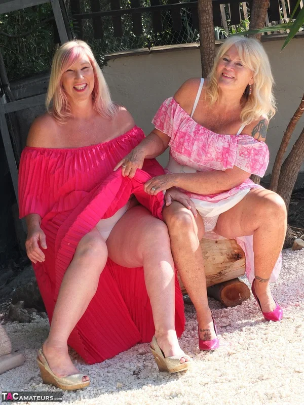 Older blonde pumpers Melody and Randy Raz flashed their panties while outdoors  - Mature, Upskirt, Thick, Lesbian, Chubby, Curvy, BBW, Outdoor, Clothed, Skirt  - Photo 9