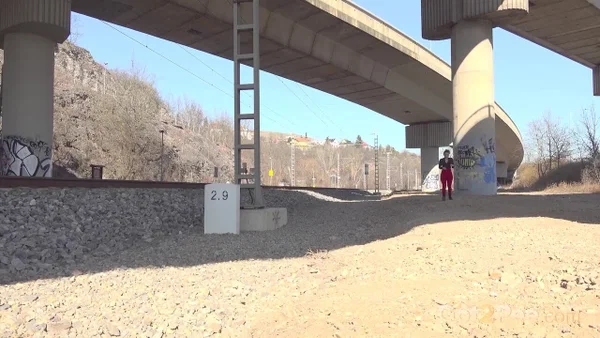 Brunette chick Olivia takes a piss beside railroad tracks under a bridge  - Pissing, Public, Outdoor, Close Up, Ass, PAWG, Babe, Beautiful, Solo, Brunette  - Photo 1