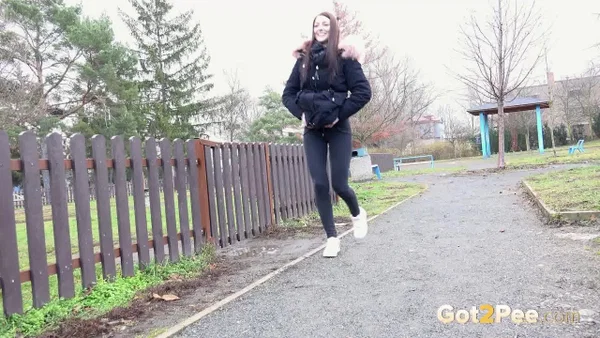 Caucasian girl Katy Sky ducks behind a picket fence for a badly needed pee  - Public, Jeans, Pissing, Hairy, Outdoor, Pussy, Czech, PAWG, Ass, Babe  - Photo 13