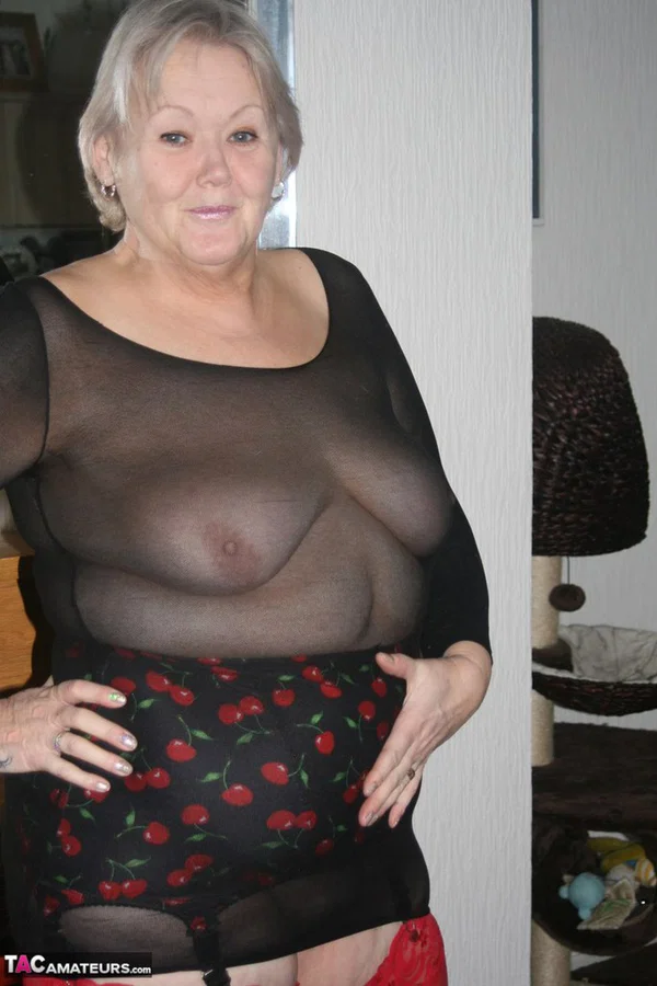 Old woman models her new red stockings in see thru clothing and heels  - Granny, BBW, Lingerie, Amateur, Stockings, Chubby, High Heels, Big Tits, Short Hair, Curvy  - Photo 4