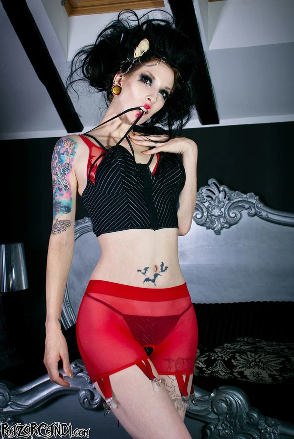 Alternative model Razor Candi dildos her shaved pussy during solo action  - Fetish, MILF, Lingerie, Tattoo, Redhead, Beautiful, Face, Skinny, Pussy, Shaved  - Photo 1