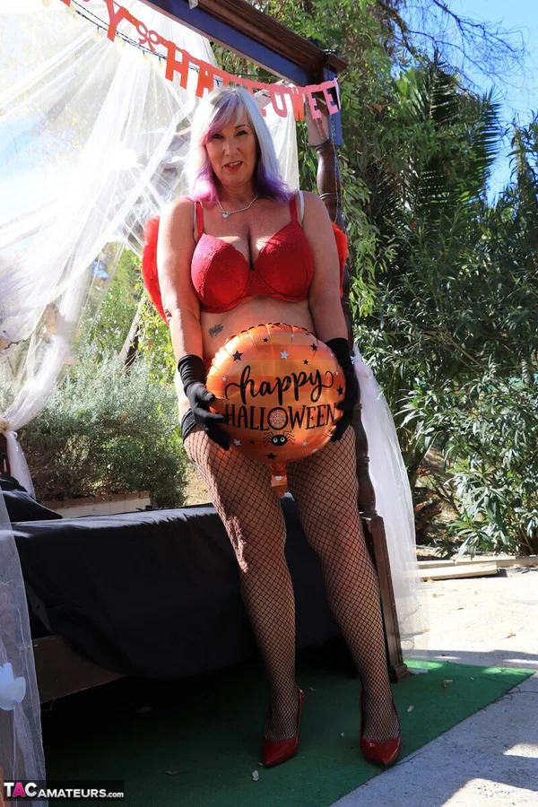 Overweight mature woman Melody poses in her pretties and hosiery at Halloween  - Mature, Halloween, Cosplay, Chubby, Curvy, BBW, Amateur, Thick, Lingerie, Panties  - Photo 6