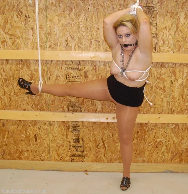 Chubby girl Adrienna sports a ball gag while restrained with rope  - Pantyhose, BDSM, Bondage, High Heels, Blonde, Tiny Tits, Ass, PAWG, Legs  - Photo 13
