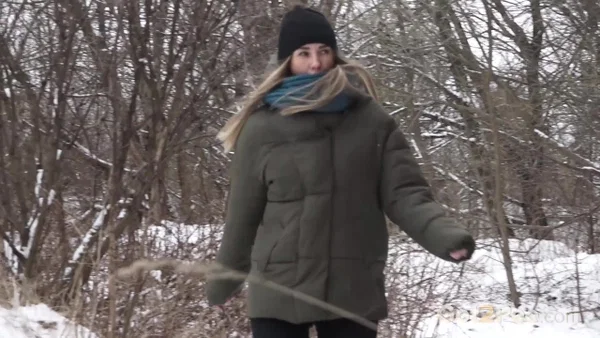 Blonde girl Masha takes a badly needed pee on snow-covered ground  - Public, Pissing, Boots, Outdoor, Pussy, Spreading, Close Up, Undressing, Shaved, Panties  - Photo 1