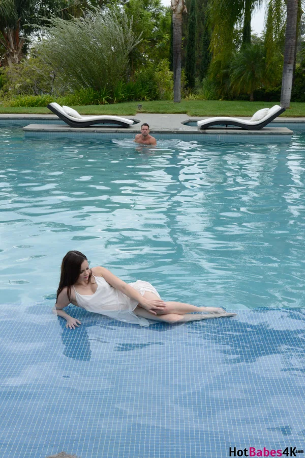 Stunning brunette Jenna J Ross fucks her man in the pool wearing a white dress  - Pool, Outdoor, Blowjob, Pussy, Reality, Petite, Handjob, Deepthroat, Natural Tits, Cumshot  - Photo 7