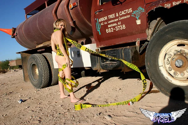 Cute blonde teen Ashlee gets naked next to a water truck on sandy terrain  - Outdoor, Amateur, Babe, Ass, Panties, PAWG, Tattoo, Beautiful, Solo, Blonde  - Photo 7
