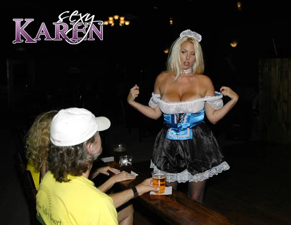 Blonde barmaid Karen Fisher has her big tits fondled while serving beers  - Maid, Mature, MILF, Skirt, Big Tits, Reality, Blonde, Uniform, Clothed, Nipples  - Photo 6