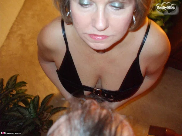 Mature woman Busty Bliss changes into sexy lingerie prior to a POV blowjob  - Mature, BBW, Amateur, Lingerie, Chubby, Curvy, Leather, Thick, Short Hair, Big Cock  - Photo 11