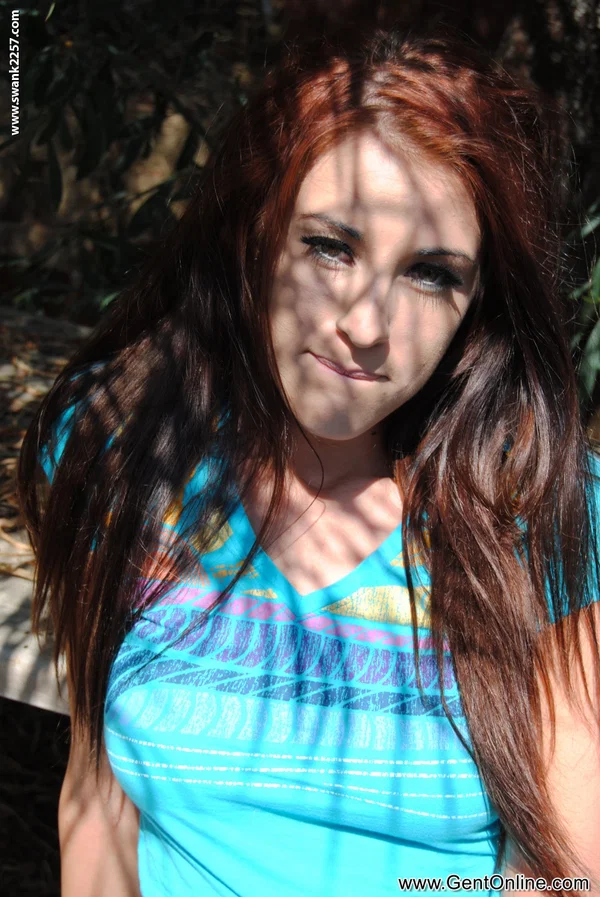 Sweet redheaded MILF Michelle Thorne unveils her lovely natural tits outdoors  - Upskirt, Redhead, Outdoor, Big Tits, Pussy, Spreading, Shaved, Solo, Skirt, British  - Photo 1