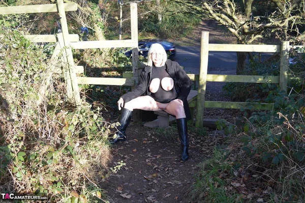 Older woman Barby Slut flashes while out and about in the British Isles  - Boots, Amateur, MILF, Big Tits, Natural Tits, Glasses, Outdoor, Public, Clothed, Spreading  - Photo 17