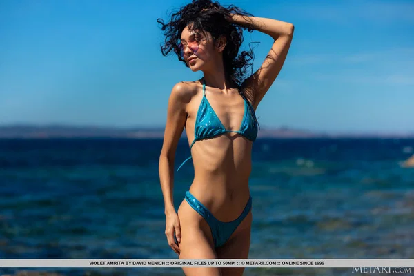 Skinny teen Violet Amrita takes off her bikini to go nude on beach rocks  - Beach, Outdoor, Bikini, Curly, Ass, Asshole, Tiny Tits, Close Up, Glamour, Model  - Photo 3