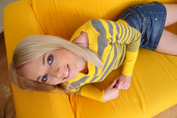 Blonde teen Lona takes her time but eventually gets totally naked on a sofa  - Teen, Amateur, Upskirt, Piercing, Blonde, Tiny Tits, Spreading, Socks, Feet, Panties  - Photo 2