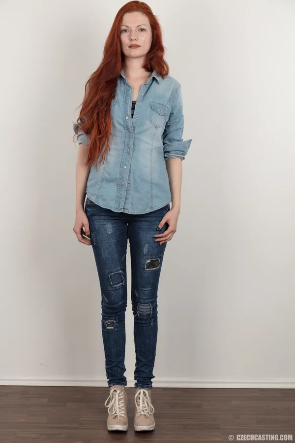 Amateur girl with long red hair takes a seat after standing naked  - Czech, Casting, Redhead, Amateur, Jeans, Big Tits, European, Pornstar, Nipples, Close Up  - Photo 2