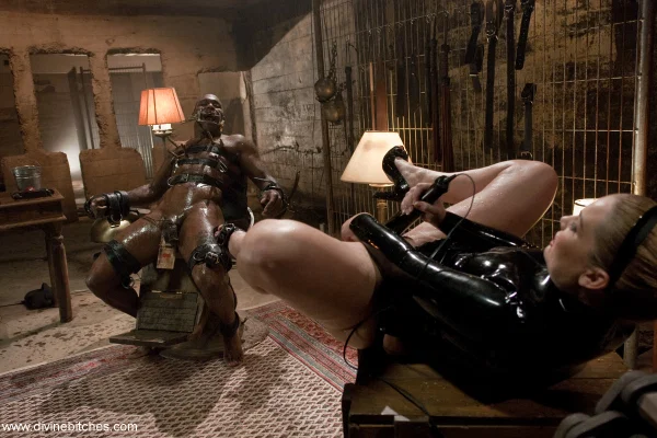 Dominatrix Flower Tucci makes bound black sub watch her masturbating in latex  - Femdom, Bondage, BDSM, MILF, Blonde, Spreading, Pussy, Non Nude  - Photo 13