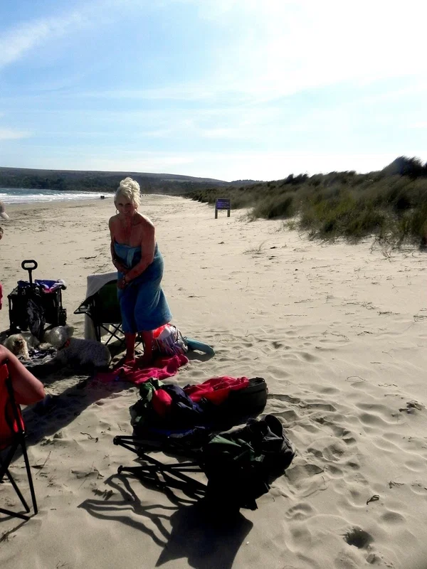 Older blonde Sparkle poses in a bikini while at a sandy beach  - Granny, Beach, Public, Amateur, Chubby, Curvy, BBW, Thick, Outdoor, Bikini  - Photo 3