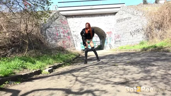 Redheaded teen Katy Rose takes a piss on a paved road during the day  - Pissing, Public, Czech, Pussy, Spreading, Outdoor, Teen, Redhead, Close Up, Beautiful  - Photo 14