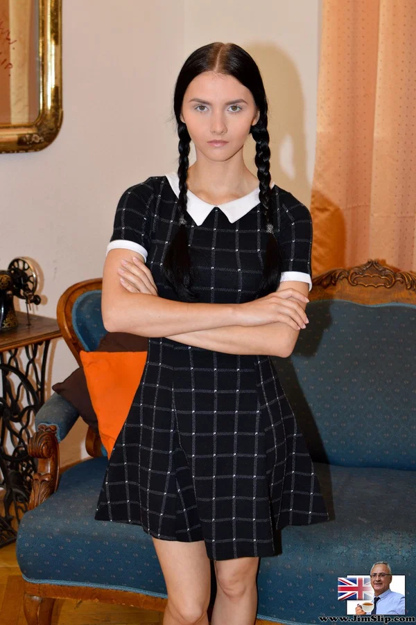 Pigtailed Crystal Greenvelle hikes her skirt to reveal shaved teen pussy  - Pigtails, Schoolgirl, Teen, Old Man, Undressing, Cute, Uniform, European, Brunette, Pussy  - Photo 1