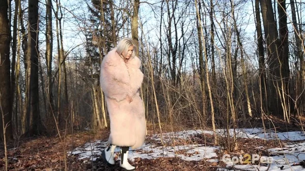 Hot blonde Vasya takes a piss in the woods against a tree in a winter coat  - Pissing, Pussy, Outdoor, Blonde, Spreading, Close Up, Shaved, Babe, Beautiful, Solo  - Photo 1
