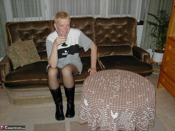 Mature blonde Tiffany Pearl gets naked on a sofa in stockings and black boots  - Mature, Saggy Tits, Chubby, Short Hair, Amateur, Curvy, Boots, BBW, Leather, Thick  - Photo 1
