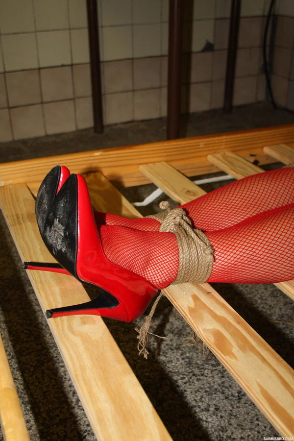 Czech MILF Cindy Dollar fishnet rope tied & gagged on a slatted bed frame  - Bondage, BDSM, MILF, Brunette, Non Nude, Pussy  - Photo 7