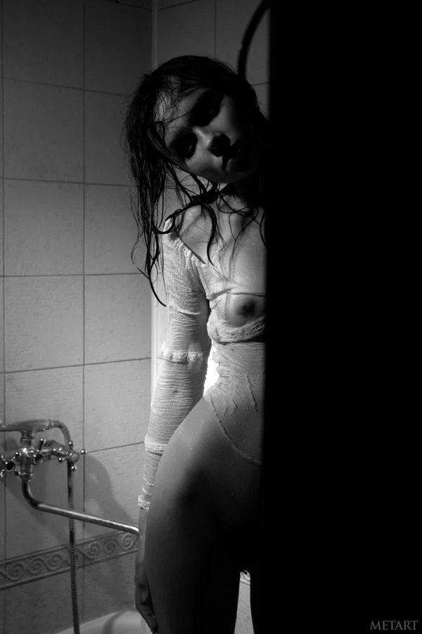 Dark-haired teen gets wet and sexy while taking a shower in black and white  - Shower, Wet, Model, Teen, Beautiful, Sexy, Glamour, Cute, Babe, Tiny Tits  - Photo 15