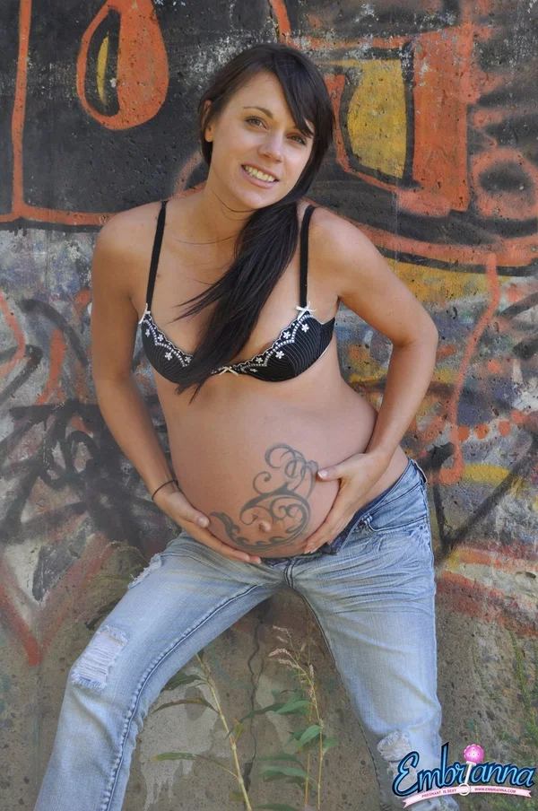 Pregnant solo girl Brianna shows her small tits and belly bump in faded jeans  - Pregnant, Public, Stripper, Jeans, Tattoo, Nipples, Teen, Outdoor, Brunette, Cute  - Photo 5