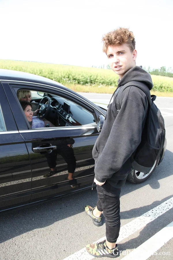 Chubby blonde granny Stacey and her friend bang a lucky teen hitchhiker  - Old Young, Groupsex, Outdoor, Curvy, Mature, CFNM, Chubby, Handjob, BBW, Pussy  - Photo 1
