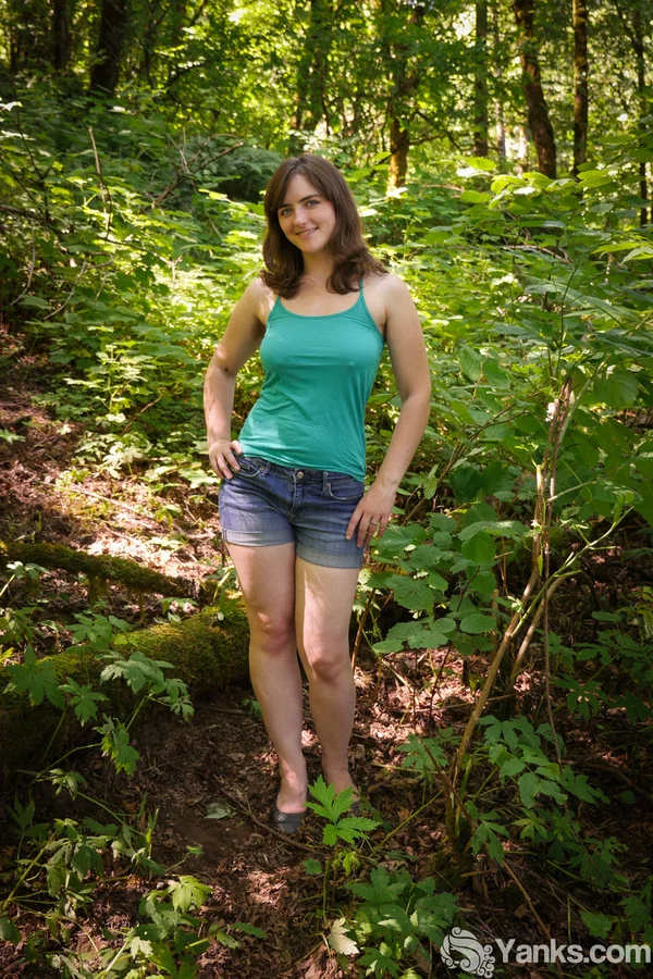 Amateur chick uncovers big naturals before playing with her beaver in woods  - Outdoor, Amateur, Hairy, Masturbation, Shorts, Babe, Pussy, Clothed, Natural Tits, Spreading  - Photo 2