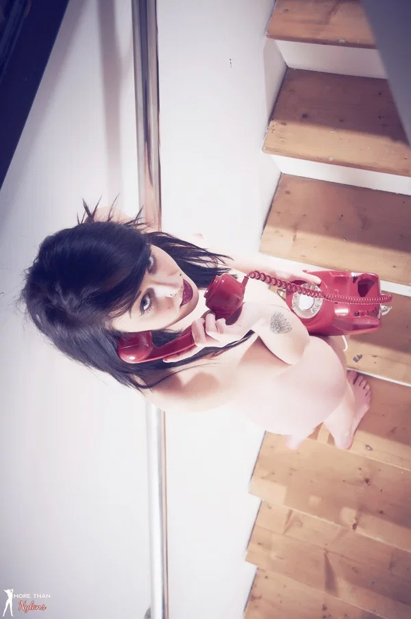 Glamour model Zoe Moore answers a retro phone after getting naked on stairs  - British, Pantyhose, Tiny Tits, Solo, Tattoo, Babe, Beautiful, Brunette, Glamour, Model  - Photo 9