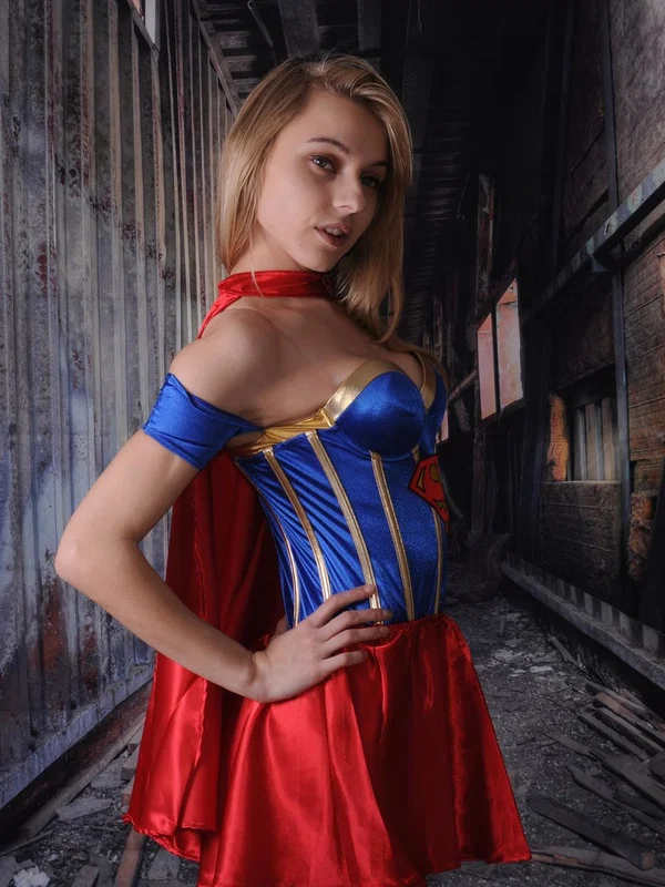 Beautiful amateur babe Chloe posing dressed as a Superwoman in a solo  - Cosplay, Uniform, Clothed, Skirt, Stockings, Babe, Beautiful, Solo, Non Nude, Blonde  - Photo 3