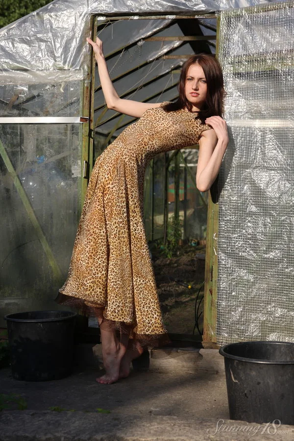 18 year old brunette Emma gets bare naked while gardening by a greenhouse  - Outdoor, Legs, Spreading, Skirt, Teen, Clothed, Tiny Tits, Upskirt, Glamour, Model  - Photo 4
