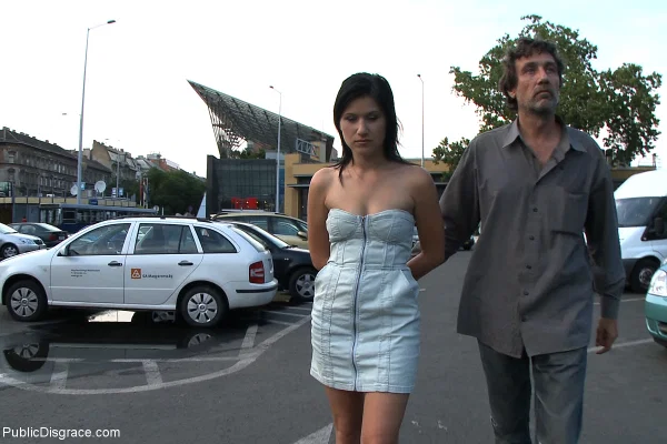 Amateur chick Lucy Bell is left handcuffed and naked on a public sidewalk  - Public, BDSM, Bondage, Outdoor, Ass, Skirt, Natural Tits, Non Nude, Upskirt, Clothed  - Photo 3