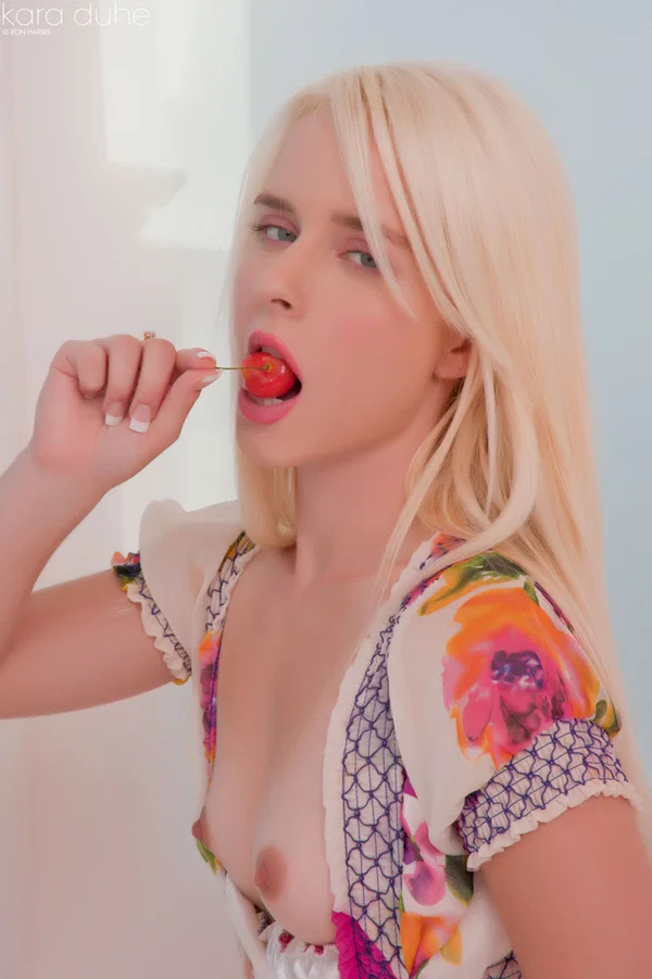 Petite blonde Kara Duhe eating a cherry with her dress open to show tiny tits  - Dildo, Tiny Tits, Beautiful, Natural Tits, Blonde, Glamour, Babe, Model, Solo  - Photo 14