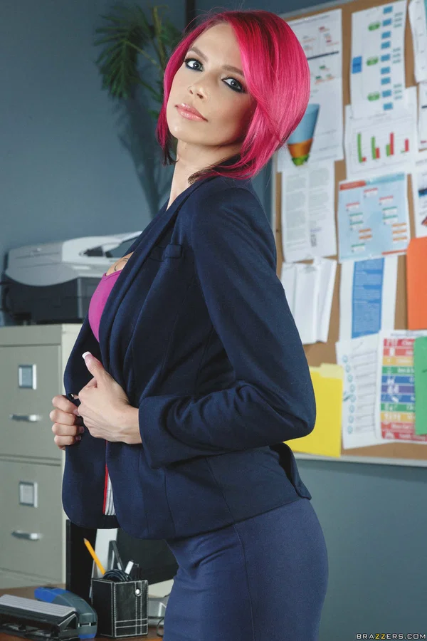 Pink haired teacher with tattoos Anna Bell Peaks strips to her sexy underwear  - Tattoo, Big Tits, MILF, Short Hair, Redhead, Office, Skirt, Lingerie, Uniform, Undressing  - Photo 2