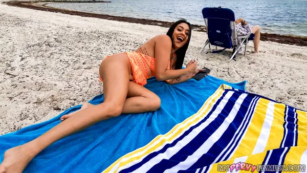 Latina teen Serena Santos sports a creampie after familial sex at the beach  - Cum In Pussy, Beach, POV, Latina, Teen, Outdoor, Nipples, Pussy, Hardcore, Hairy  - Photo 2