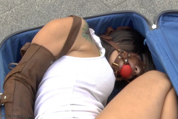 Aris Dark is ball gagged and restrained by her BDSM lover in public  - Public, BDSM, Bondage, Outdoor, Big Tits, Ass, Nipples, PAWG, Shorts, Pussy  - Photo 1
