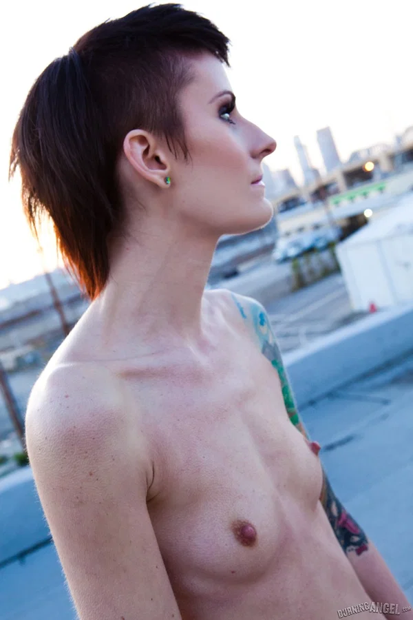 Skinny alt babe with tattooed body exposing tiny tits outdoors on rooftop  - Skinny, Nipples, Tiny Tits, Tattoo, Babe, Outdoor, Clothed, Jeans, Panties, Undressing  - Photo 14