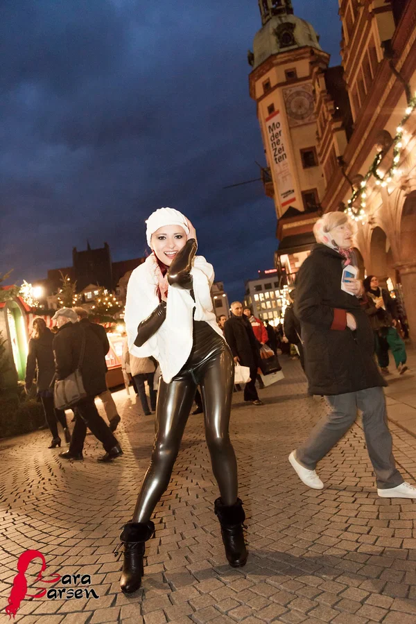 Amateur model Lara Larsen wears a latex bodysuit to outdoor Xmas market  - Public, Bodysuit, Latex, Fetish, Non Nude, Christmas, Clothed, Amateur, Redhead, Babe  - Photo 2