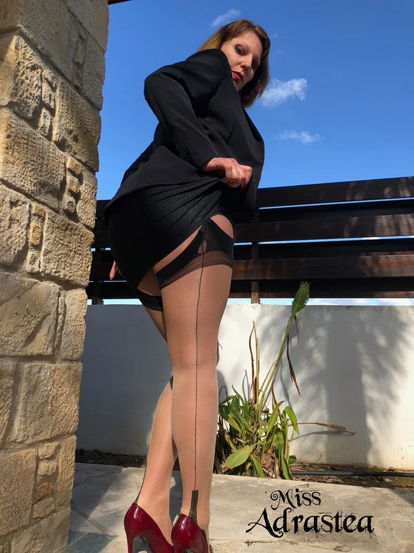 Hot MILF Miss Adrastea flaunts her sexy legs wearing stockings & high heels  - Stockings, Feet, Outdoor, Legs, Non Nude, Short Hair  - Photo 3