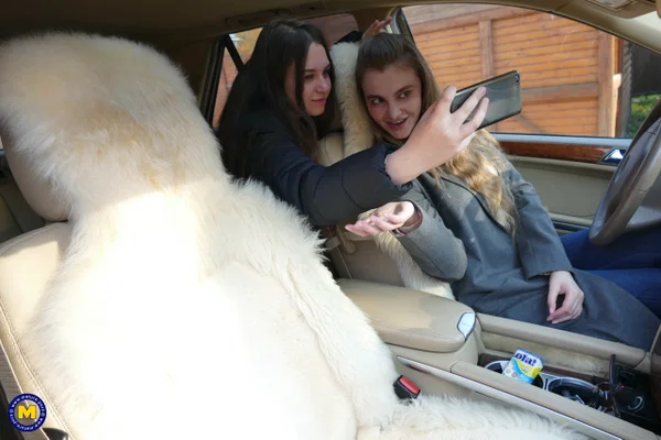 Long haired European lovers take a selfie in the car before lesbian sex action  - Selfie, Outdoor, Lesbian, Teen, Reality, Clothed, European, Amateur, Cute  - Photo 9