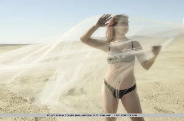 Redheaded girl Melody Jordan takes off her bra and panty set on a dry lake bed  - Beautiful, Redhead, Outdoor, Hairy, Pussy, Lingerie, Panties, Tiny Tits, Natural Tits, Solo  - Photo 1
